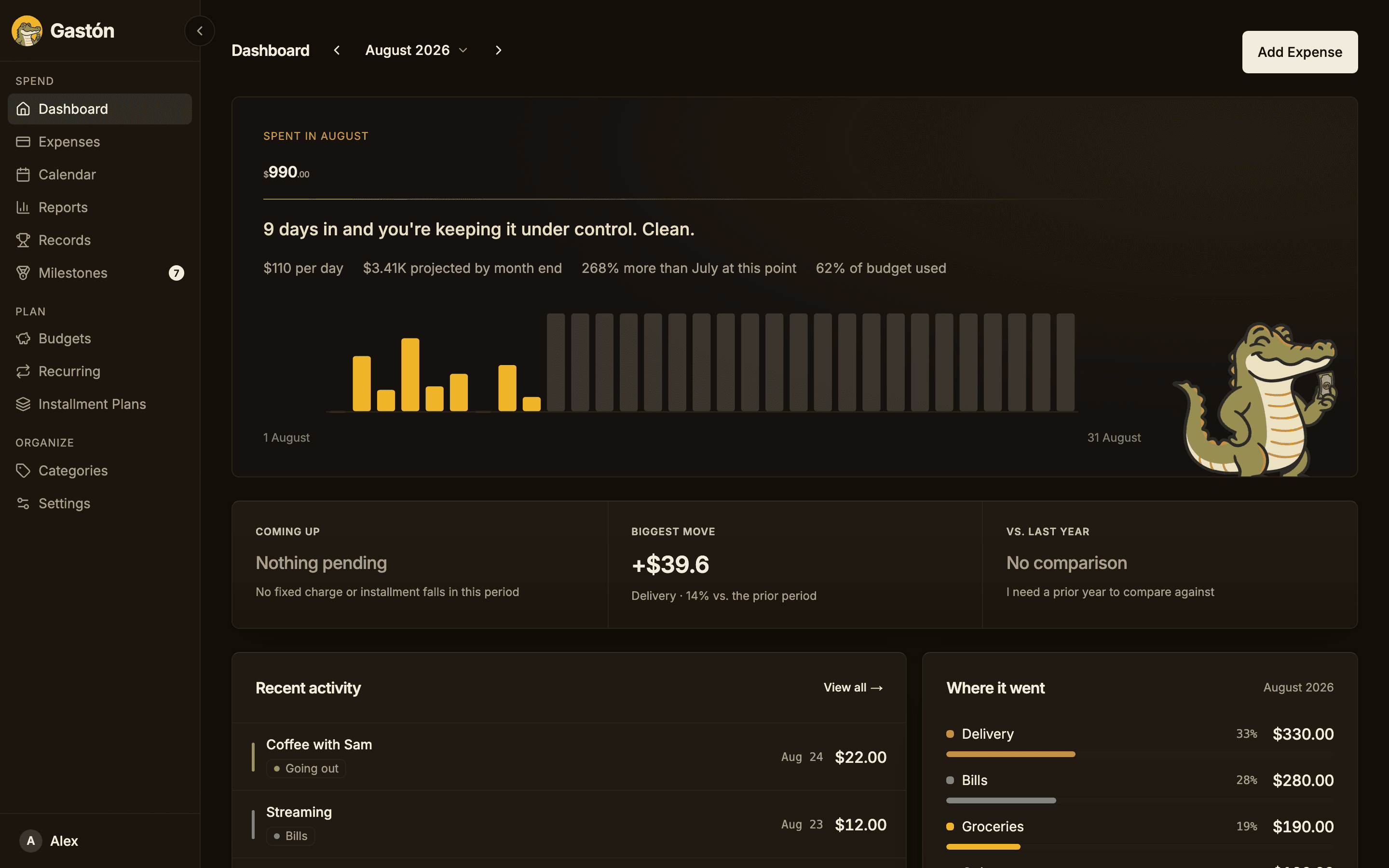 Gastón dashboard showing spending overview and charts